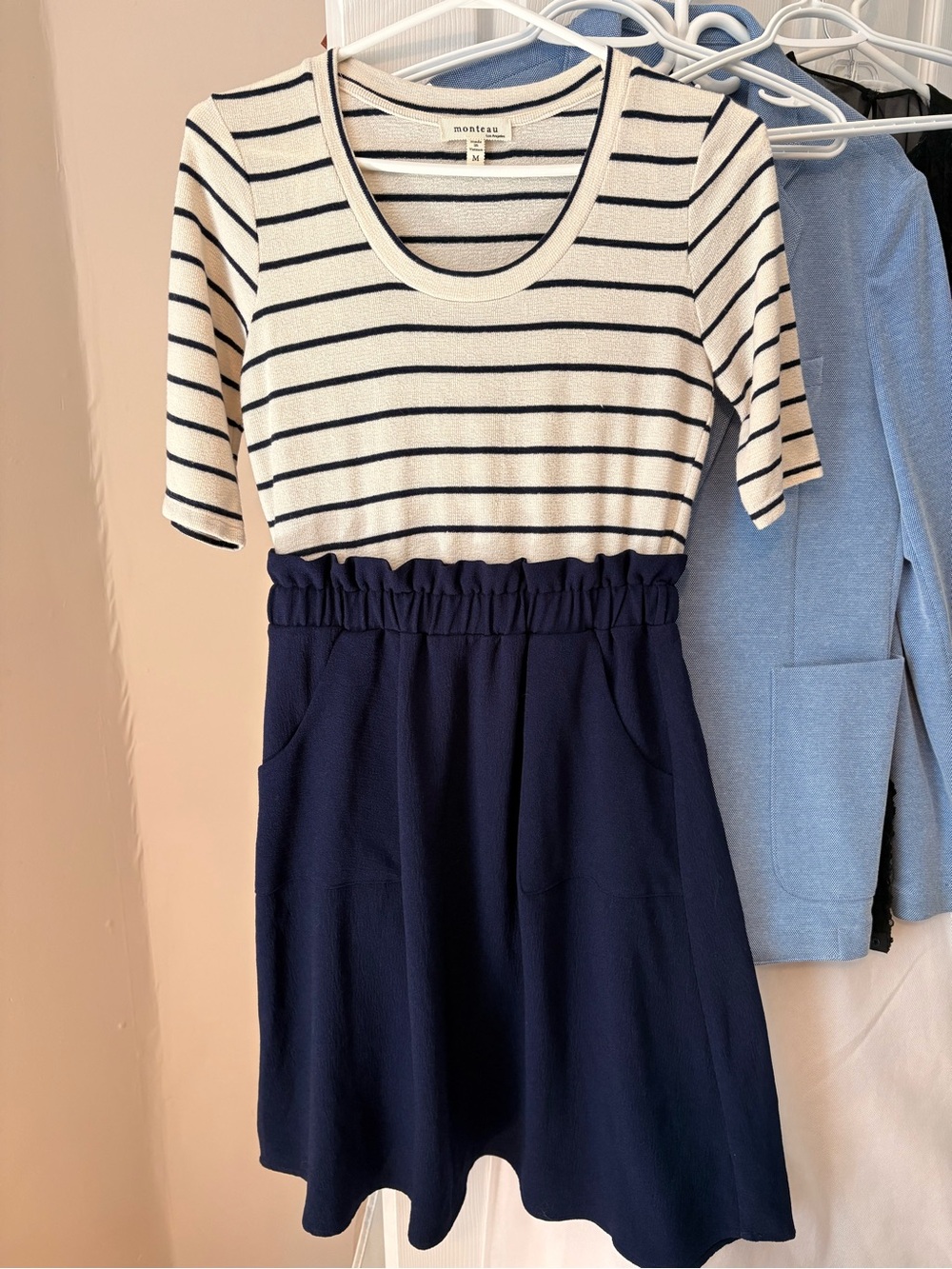 Monteau Navy & Cream Striped Short Sleeve Casual Dress